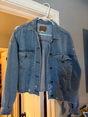 American Eagle Distressed Cropped Denim Jacket - Light Blue